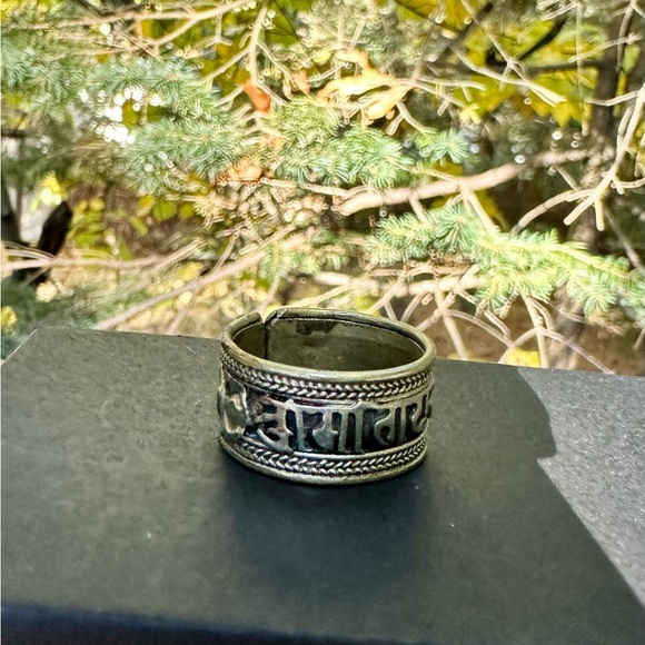 Silver Adjustable Thumb Ring with Intricate OHM Design, Yoga, Buddhism - Picture 6 of 6
